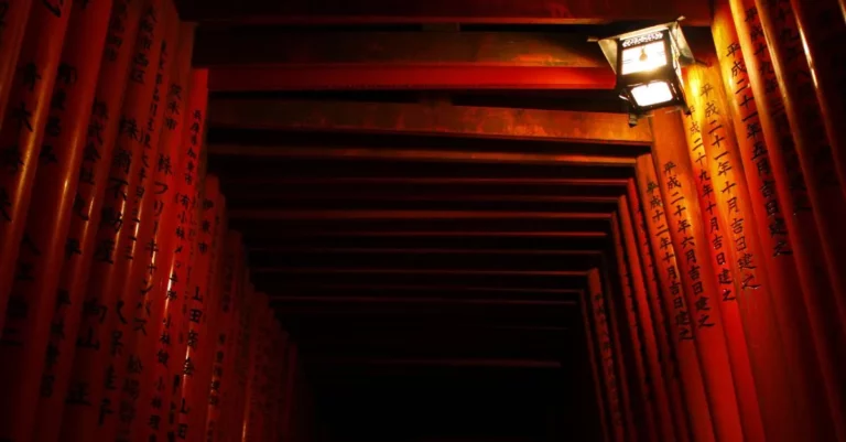 Von einer Lampe erleuchtete Torii des Fushimi Inari Schreins bei Nacht