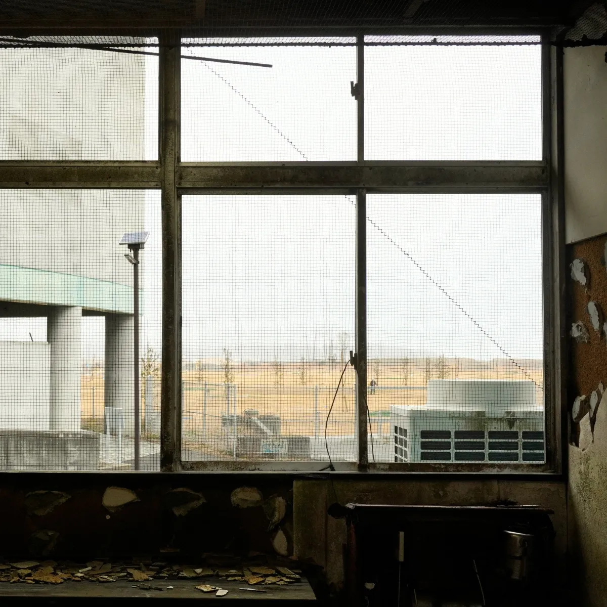 Blick aus einer zerstörten Fensterfront im Erdgeschoss der Ukedo Elementary School in Namie