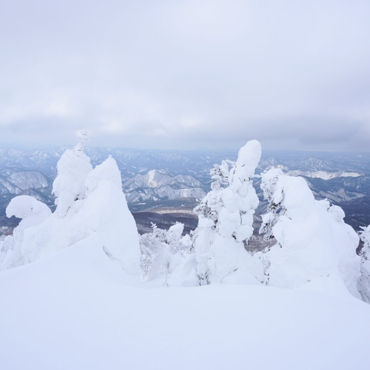 Blick vom Gipfel von Mount Moriyoshi mit den Ani-Schneemonstern im Vordergrund